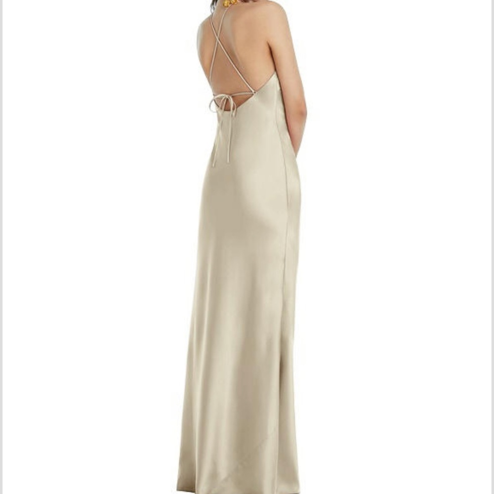 Dessy diamond halter satin/Lux charmeuse champagne size small